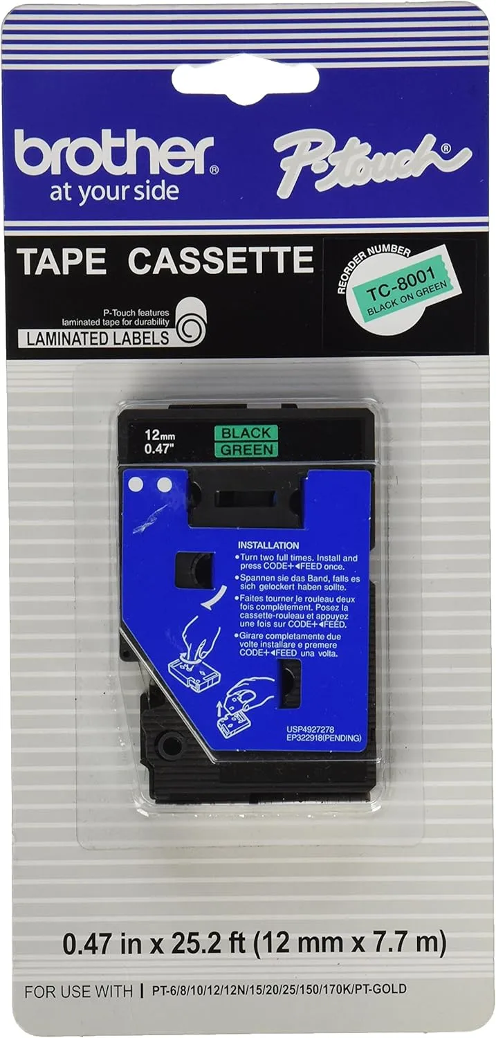 Brother P-Touch 1/2" Black on Green Laminated Tape - TC8001