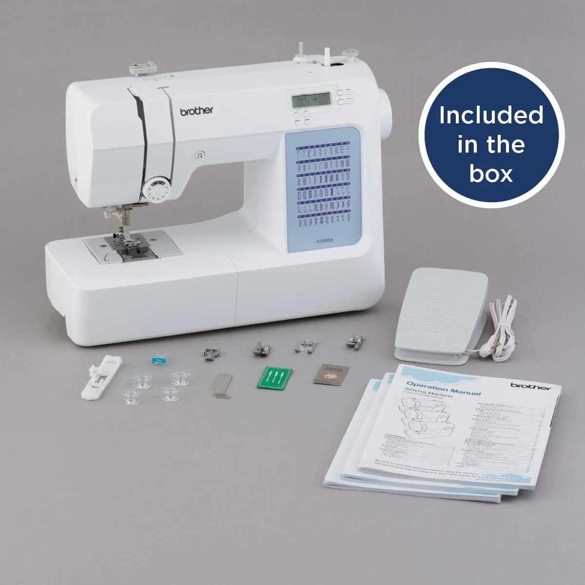 Brother CS5055 Computerized Sewing Machine, 60 Built-in Stitches, LCD Display, 7 Included Feet, White New Model: CS5055