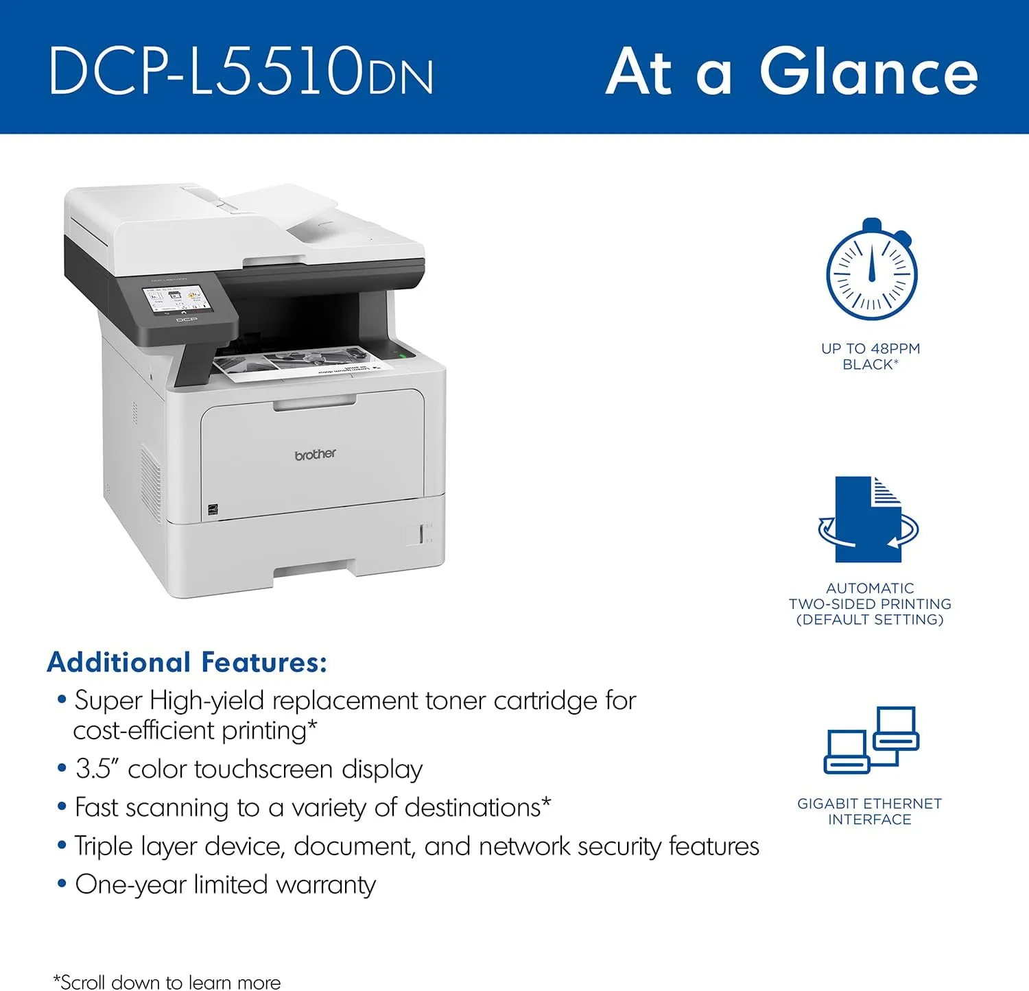 Brother DCP-L5510DN Business Monochrome Laser All-in-One Printer with Duplex and Networking