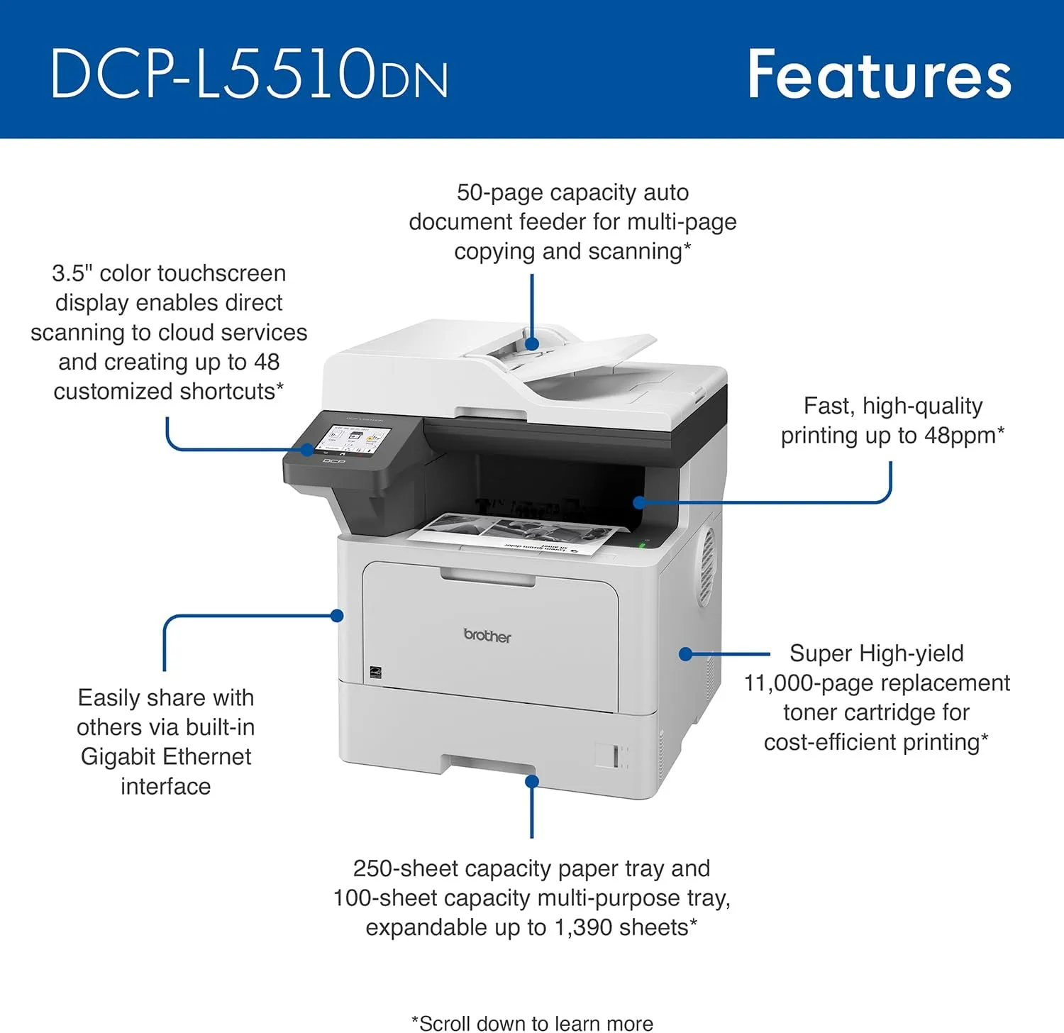 Brother DCP-L5510DN Business Monochrome Laser All-in-One Printer with Duplex and Networking