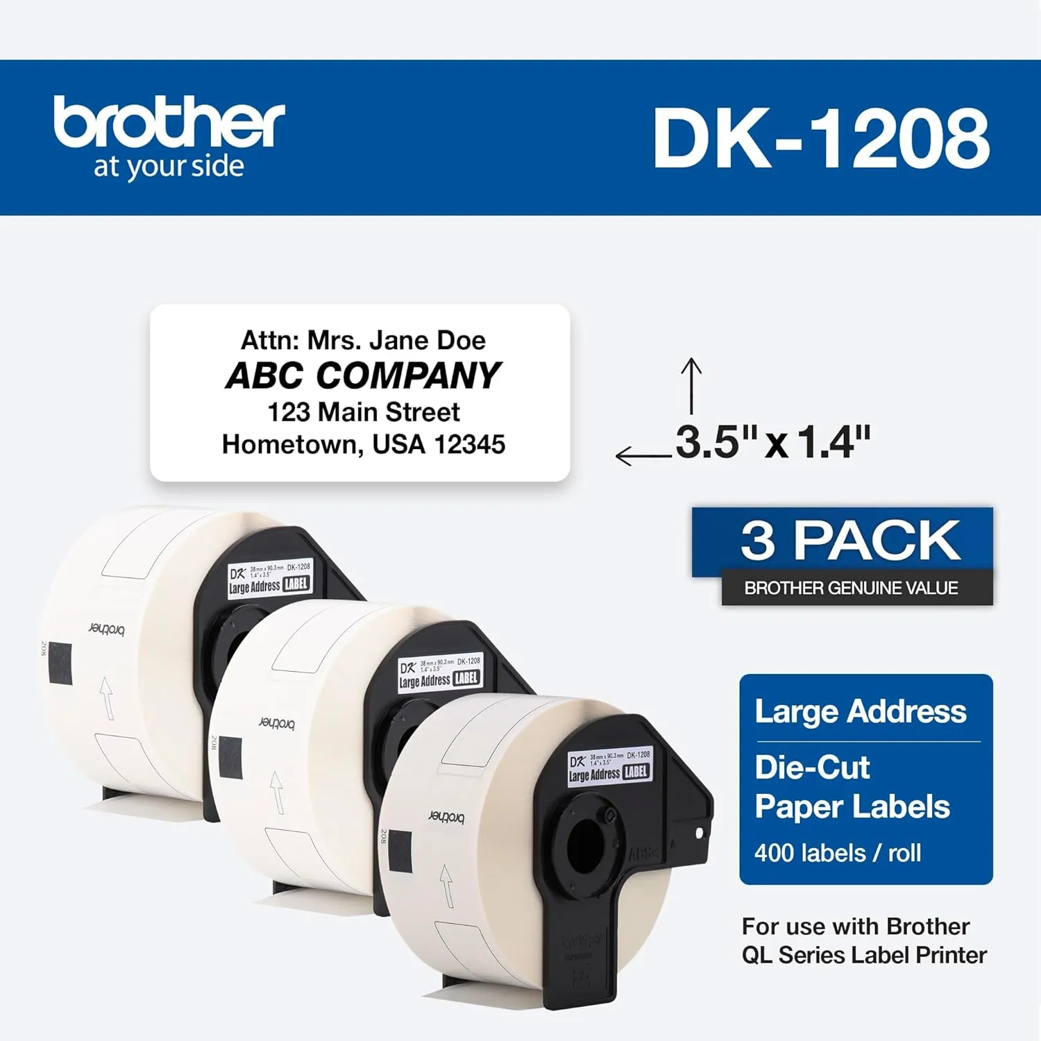 Brother DK-1208 Die-Cut Large Address Labels, 3 Rolls (400/roll) - DK12083PK