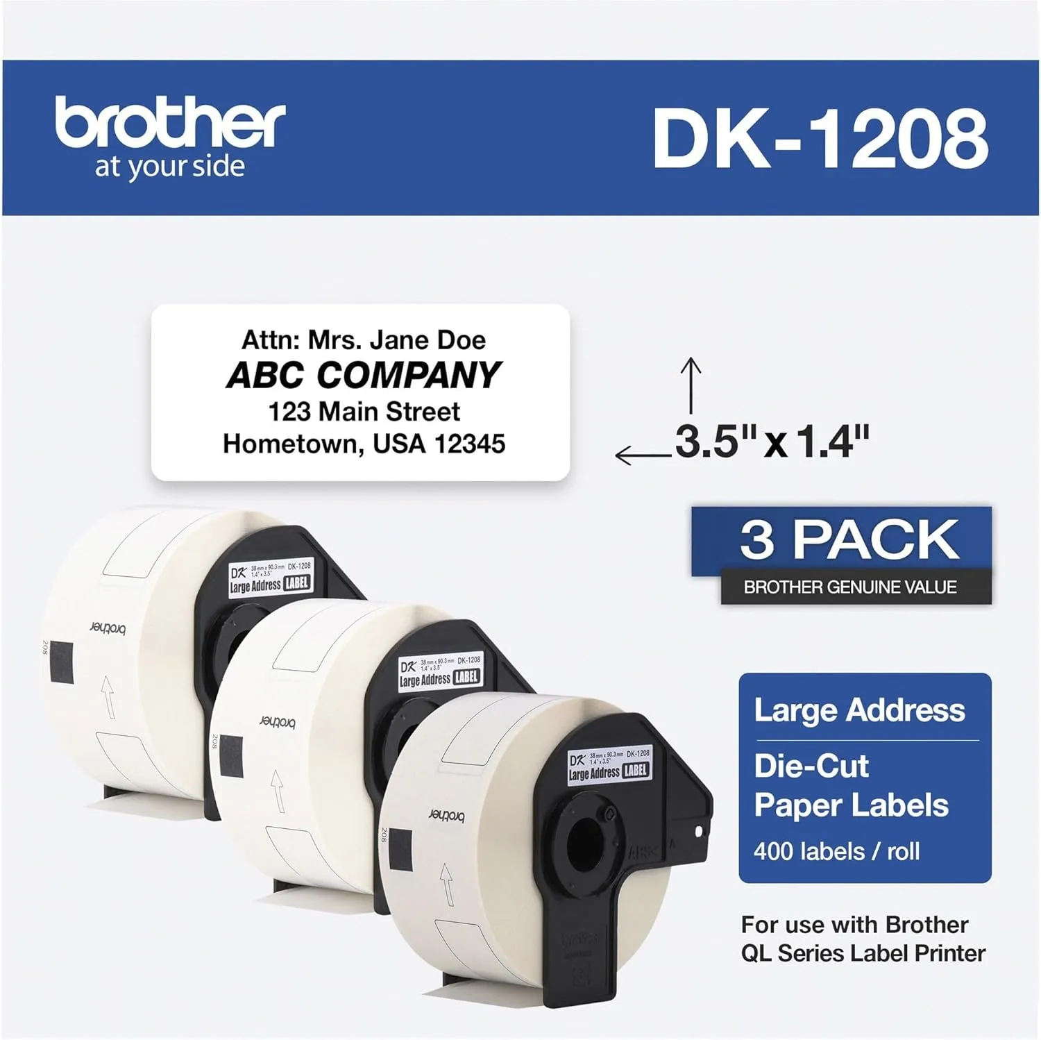 Brother DK-1208 Die-Cut Large Address Labels, 3 Rolls (400/roll) - DK12083PK