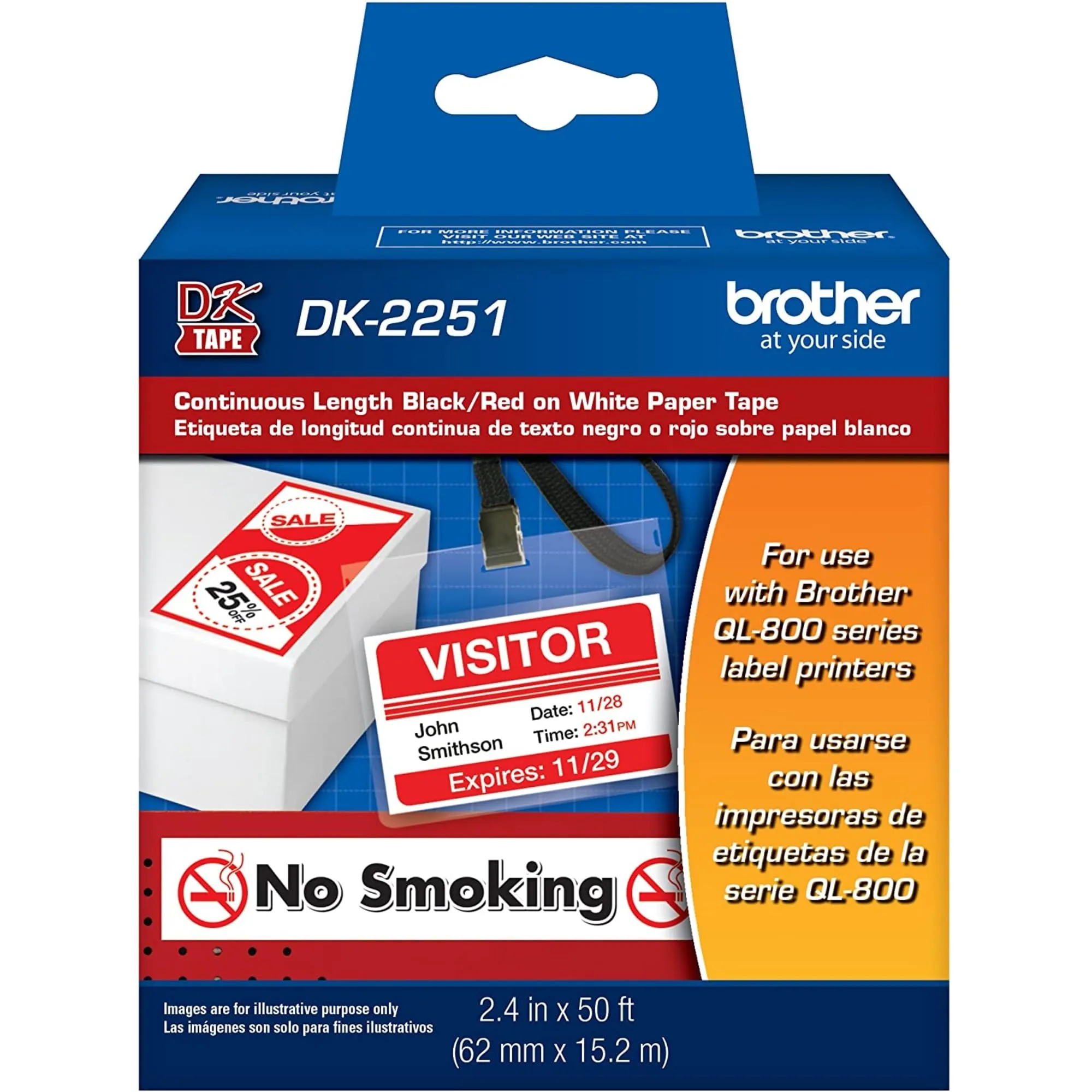 Brother DK-2251 Continuous-Length Paper Label Tape, Black/Red on White, 2.4in x 50ft