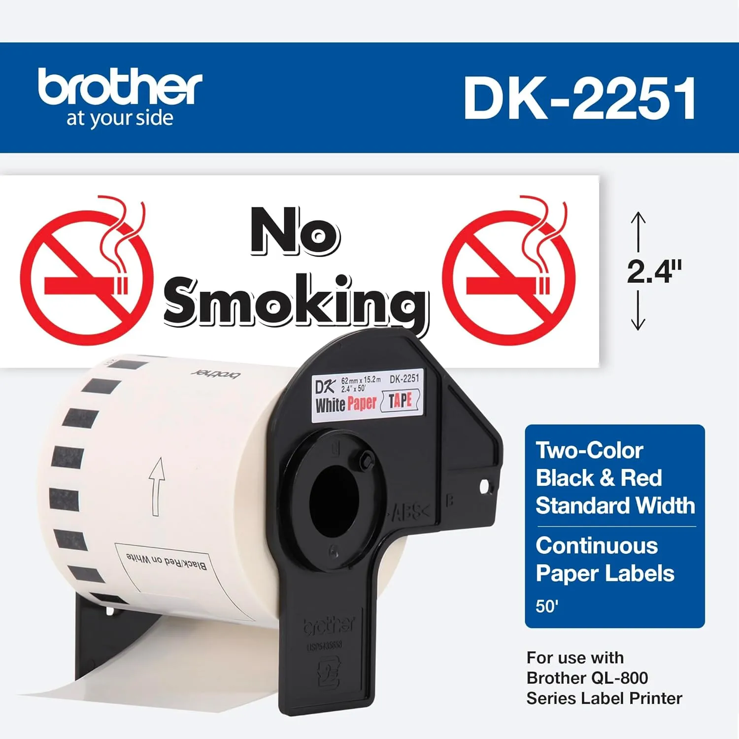 Brother DK-2251 Continuous-Length Paper Label Tape, Black/Red on White, 2.4in x 50ft