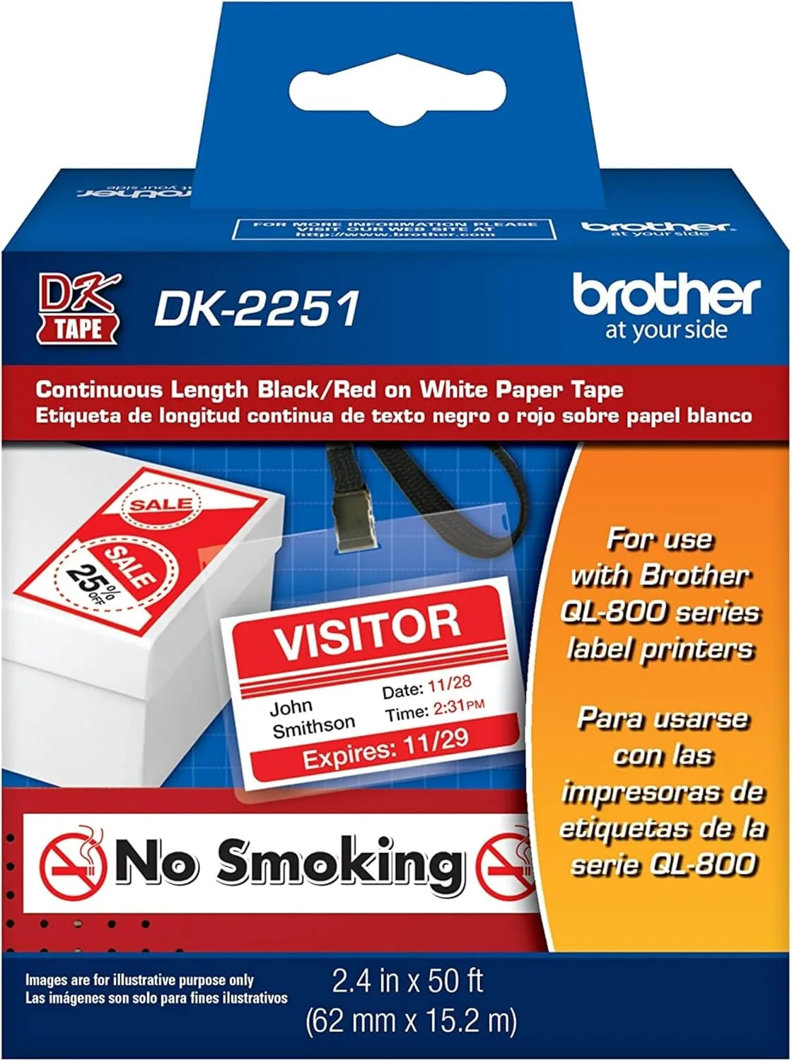 Brother DK-2251 Continuous-Length Paper Label Tape, Black/Red on White, 2.4in x 50ft