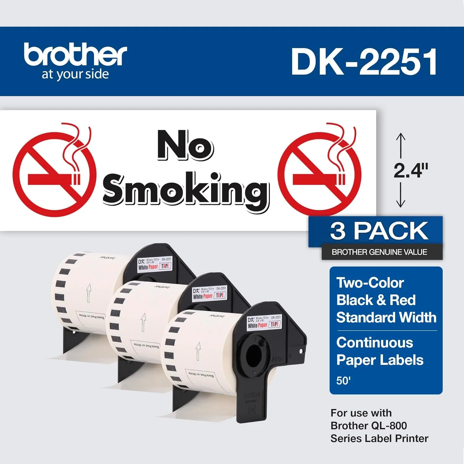 Brother DK-2251 Continuous-Length Paper Label Tape, Black/Red on White, 2.4in x 50ft
