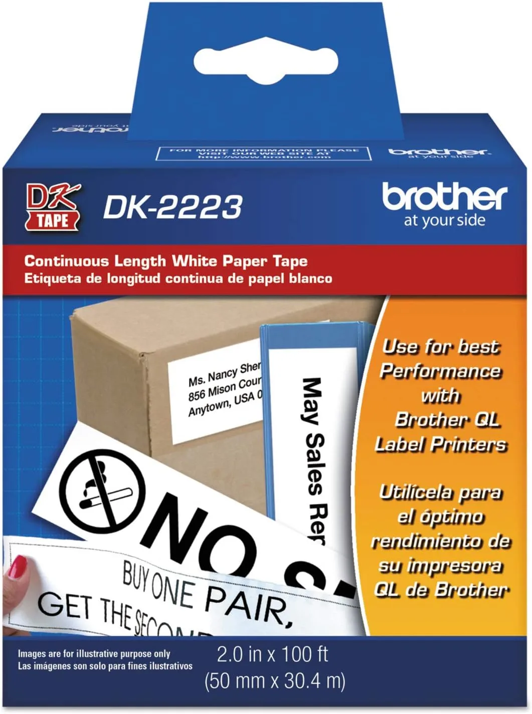 Brother DK2223 Continuous White Paper Label Tape, 2 in x 100 ft