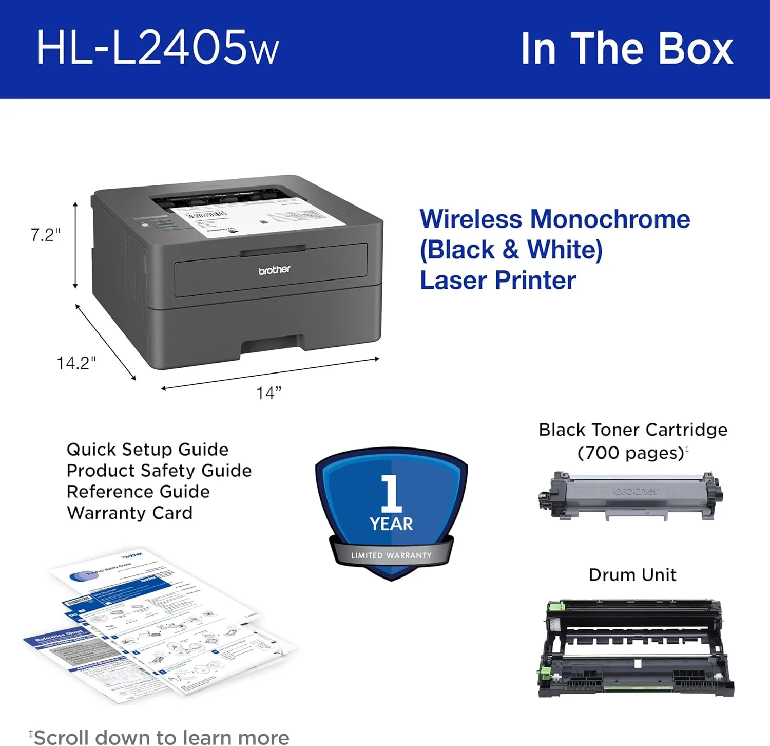 Brother HL-L2405W Wireless Compact Monochrome Laser Printer
