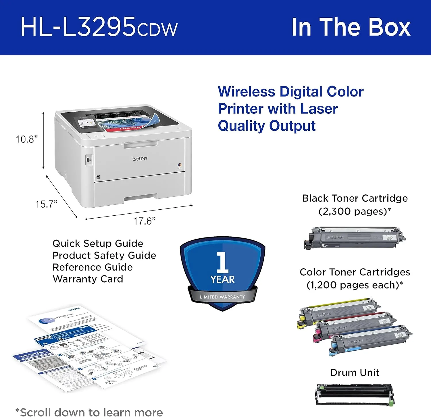 Brother HL-L3295CDW Wireless Compact Digital Color Printer with Duplex, NFC & Ethernet