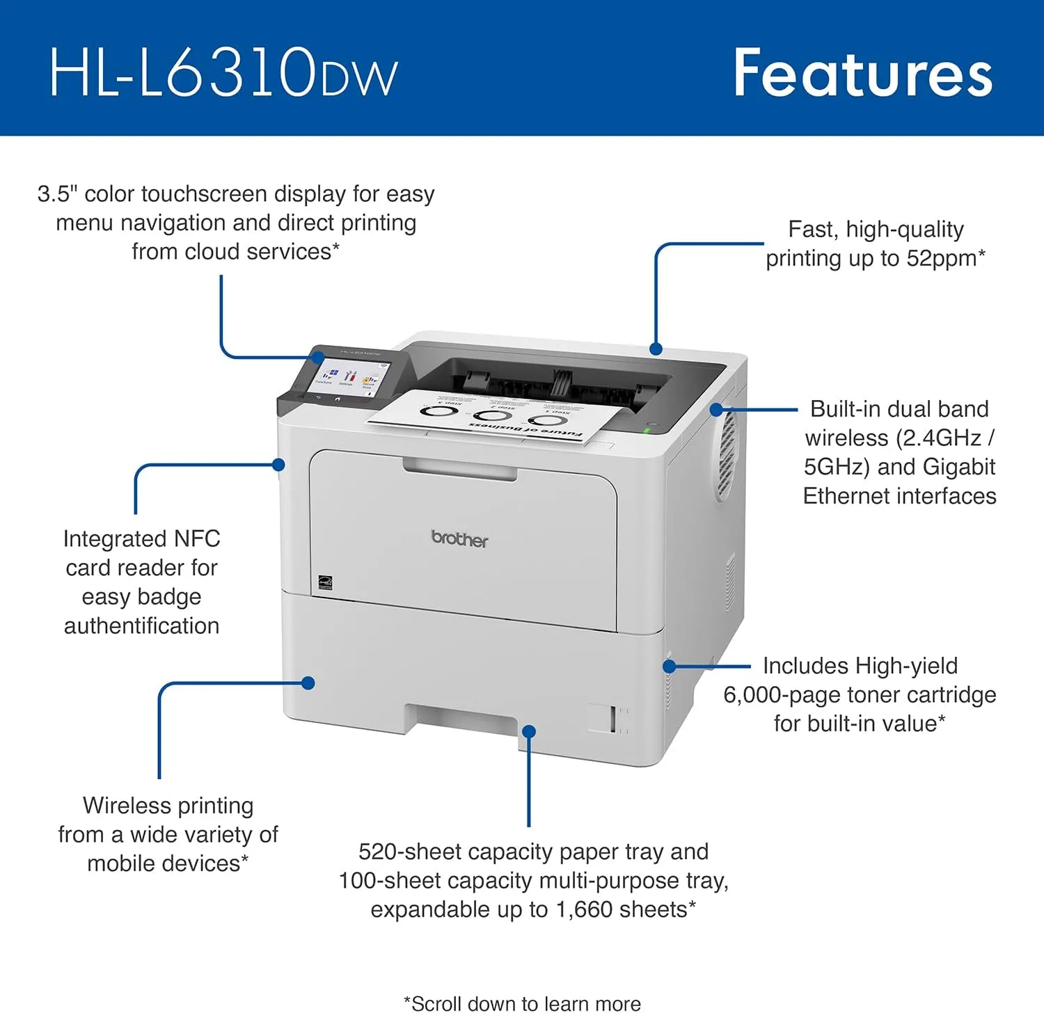 Brother HL-L6310DW Enterprise Monochrome Laser Printer with Low-cost Printing, Wireless Networking, and Large Paper Capacity