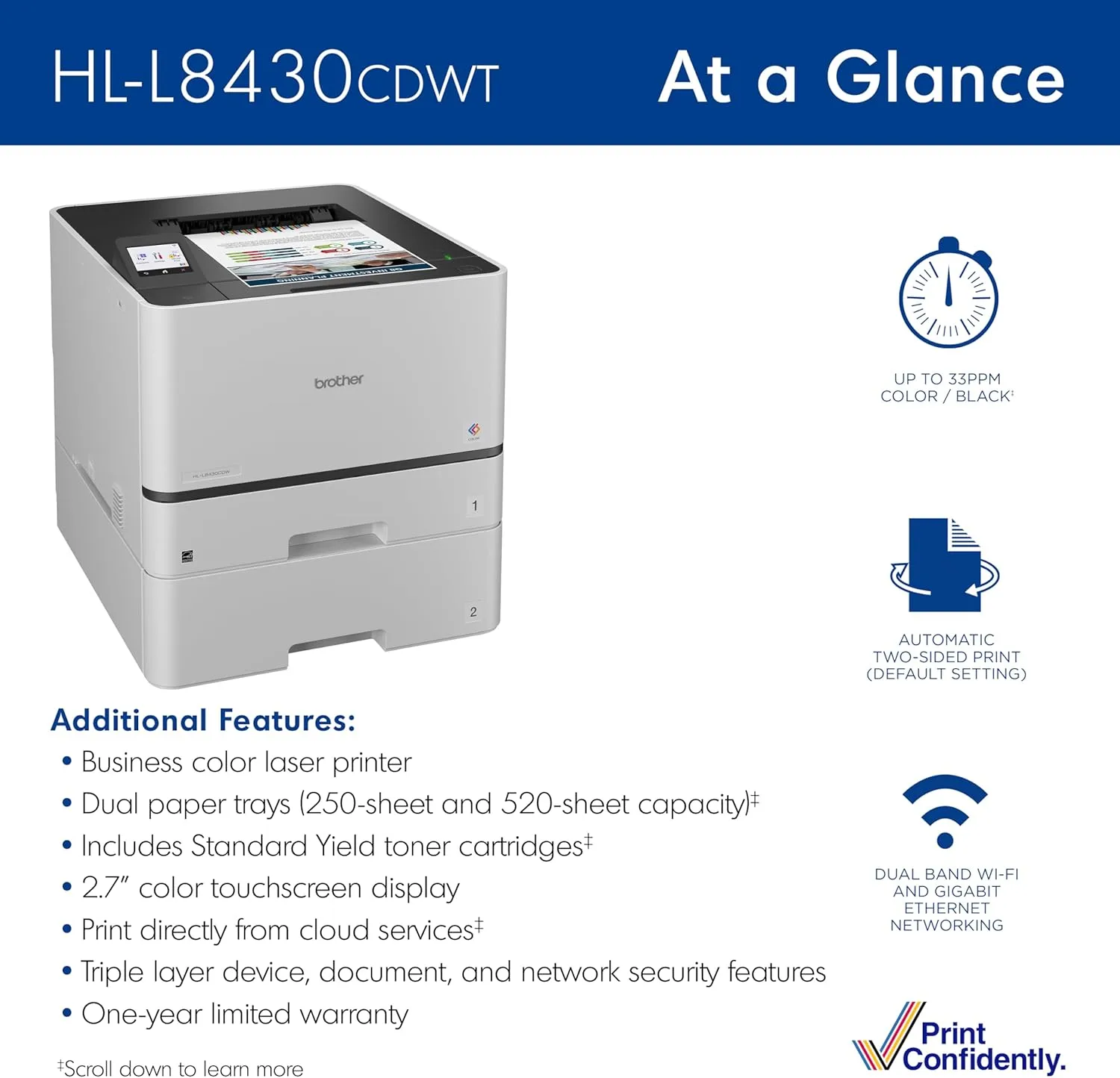 Brother HL-L8430CDWT Business Color Laser Printer with Dual Paper Trays, Low-Cost Printing, and Wireless Networking