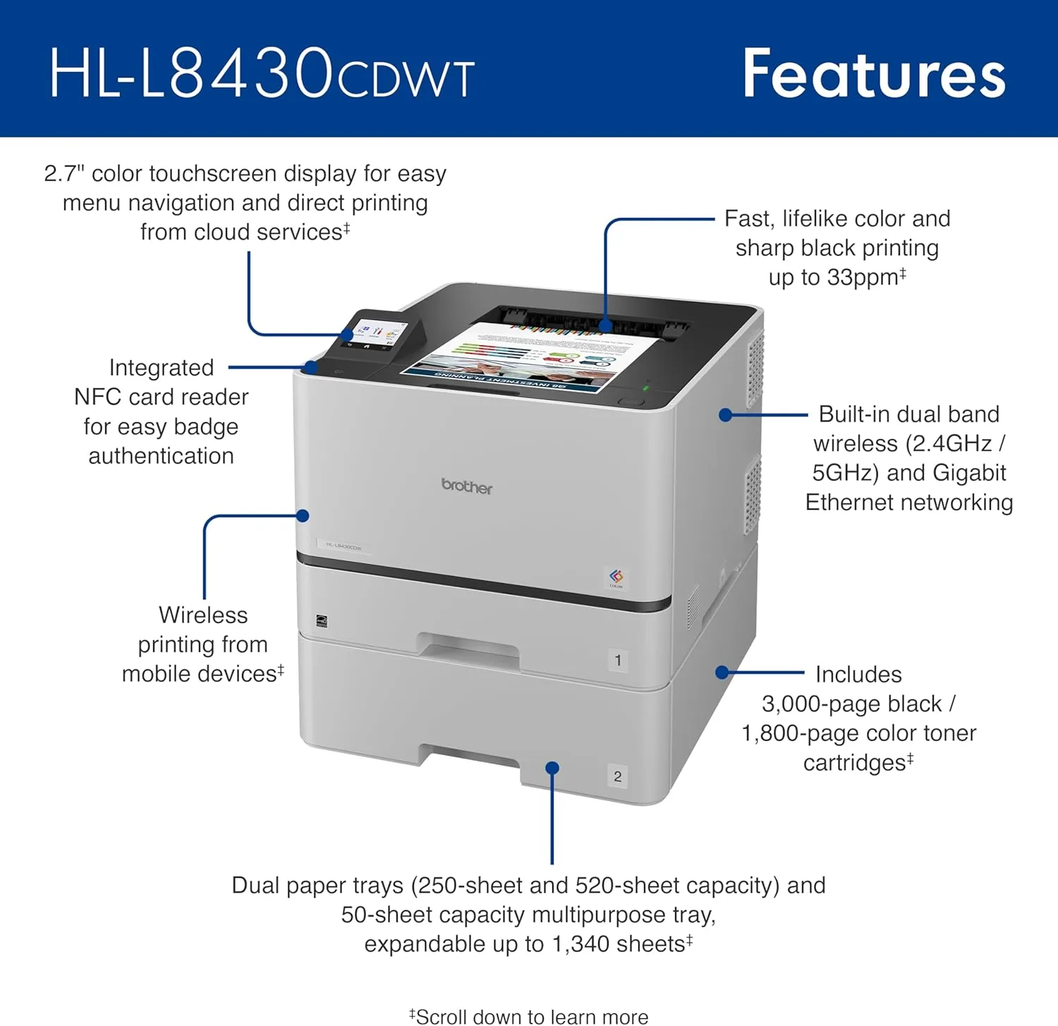Brother HL-L8430CDWT Business Color Laser Printer with Dual Paper Trays, Low-Cost Printing, and Wireless Networking