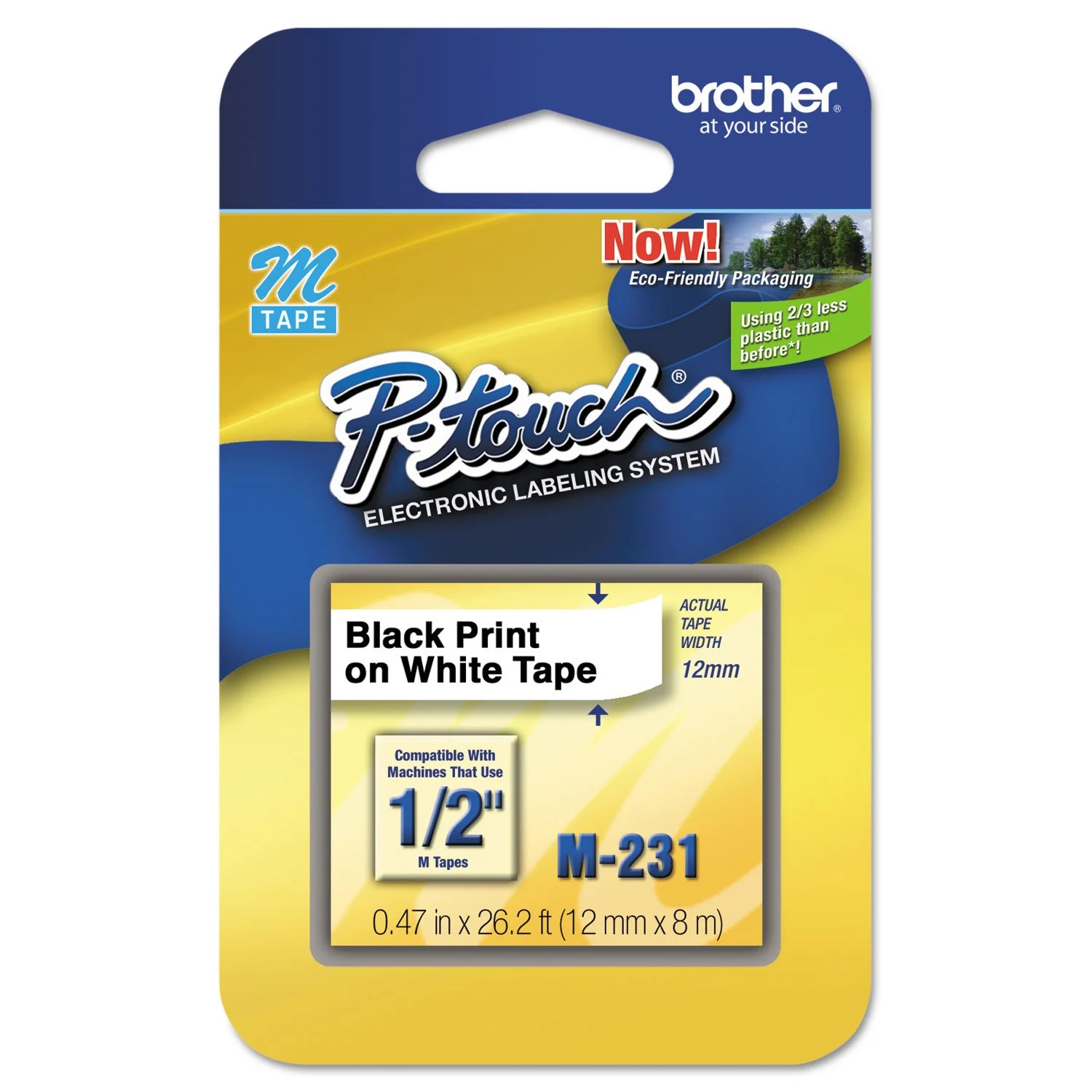 Brother M2312PK Non-Laminated Label Maker Tape, 1/2in x 26.2ft, 2-Pack, Black on White