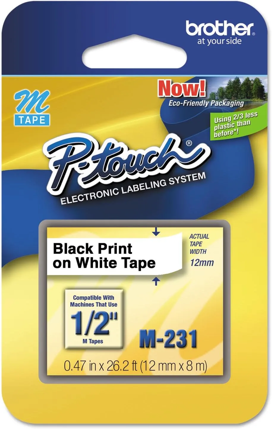Brother M2312PK Non-Laminated Label Maker Tape, 1/2in x 26.2ft, 2-Pack, Black on White
