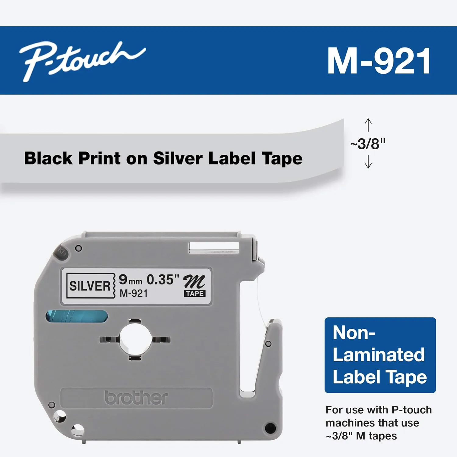 Brother M-921 Black on Silver Label Tape 3/8in x 26.2ft