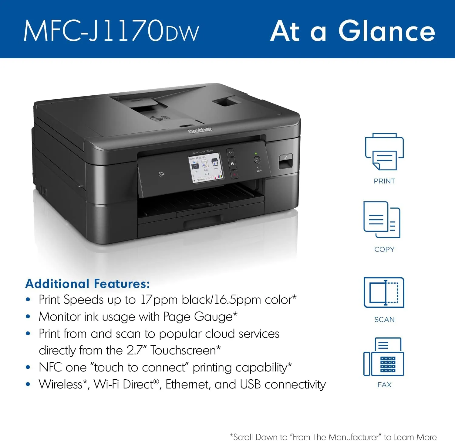 BROTHER Wireless Color Inkjet All-in-One Printer with 2.7" Color Touchscreen, Duplex, 20-Sheet ADF