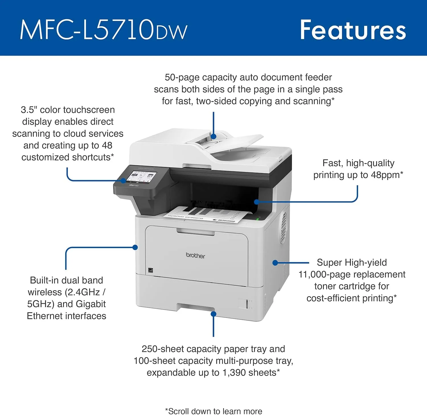 Brother MFC-L5710DW Business Monochrome Laser All-in-One Printer with Wireless Networking and Duplex Print, Scan, and Copy