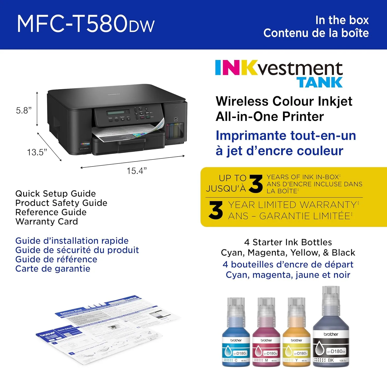 Brother INKvestment Tank 580 Wireless Color Inkjet All-in-One Printer (MFC-T580DW)