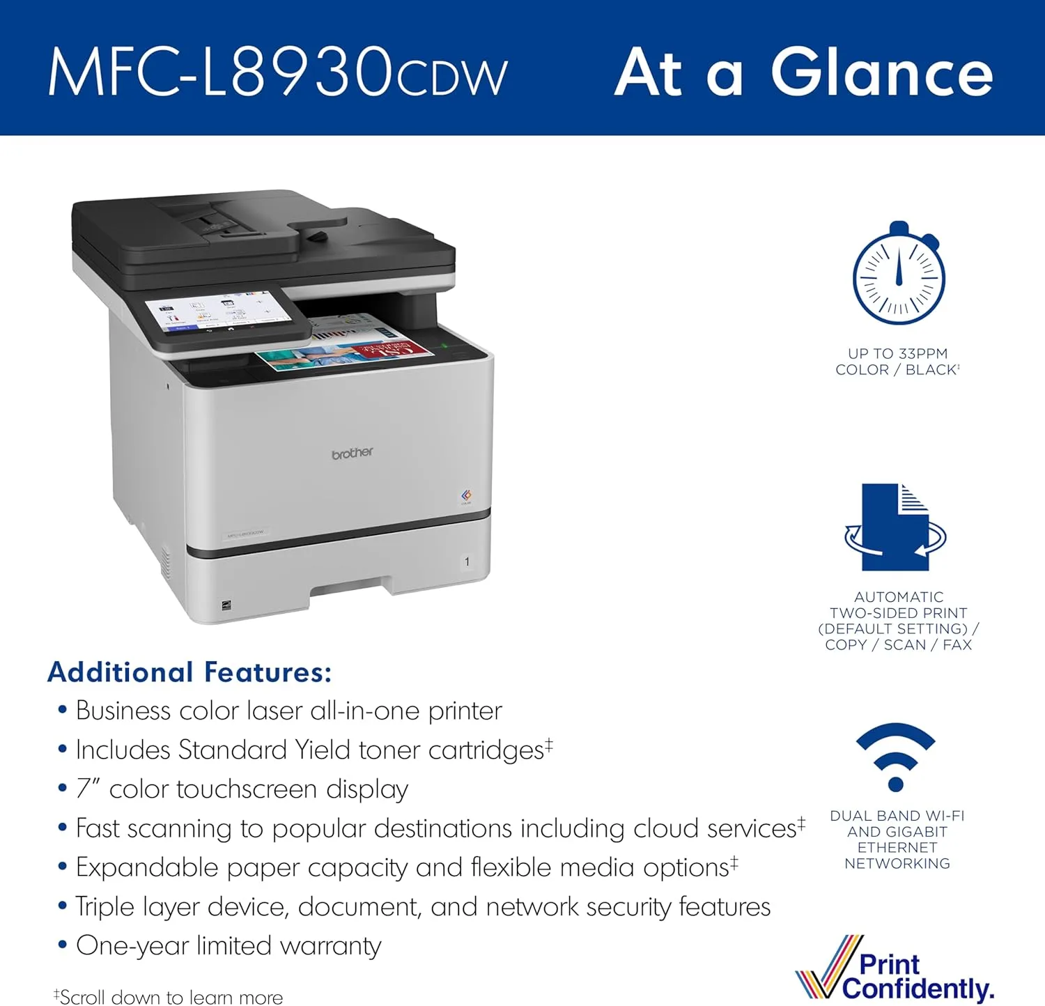 Brother MFC-L8930CDW Business Color Laser All-in-One Printer with Duplex Print, Scan, Copy, Low-Cost Printing, and Advanced Security Features