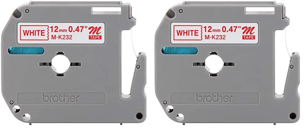 Brother MK-232 1/2in Red-on-White Labeling Tape, 0.5in x 26.2ft (Pack of 2)