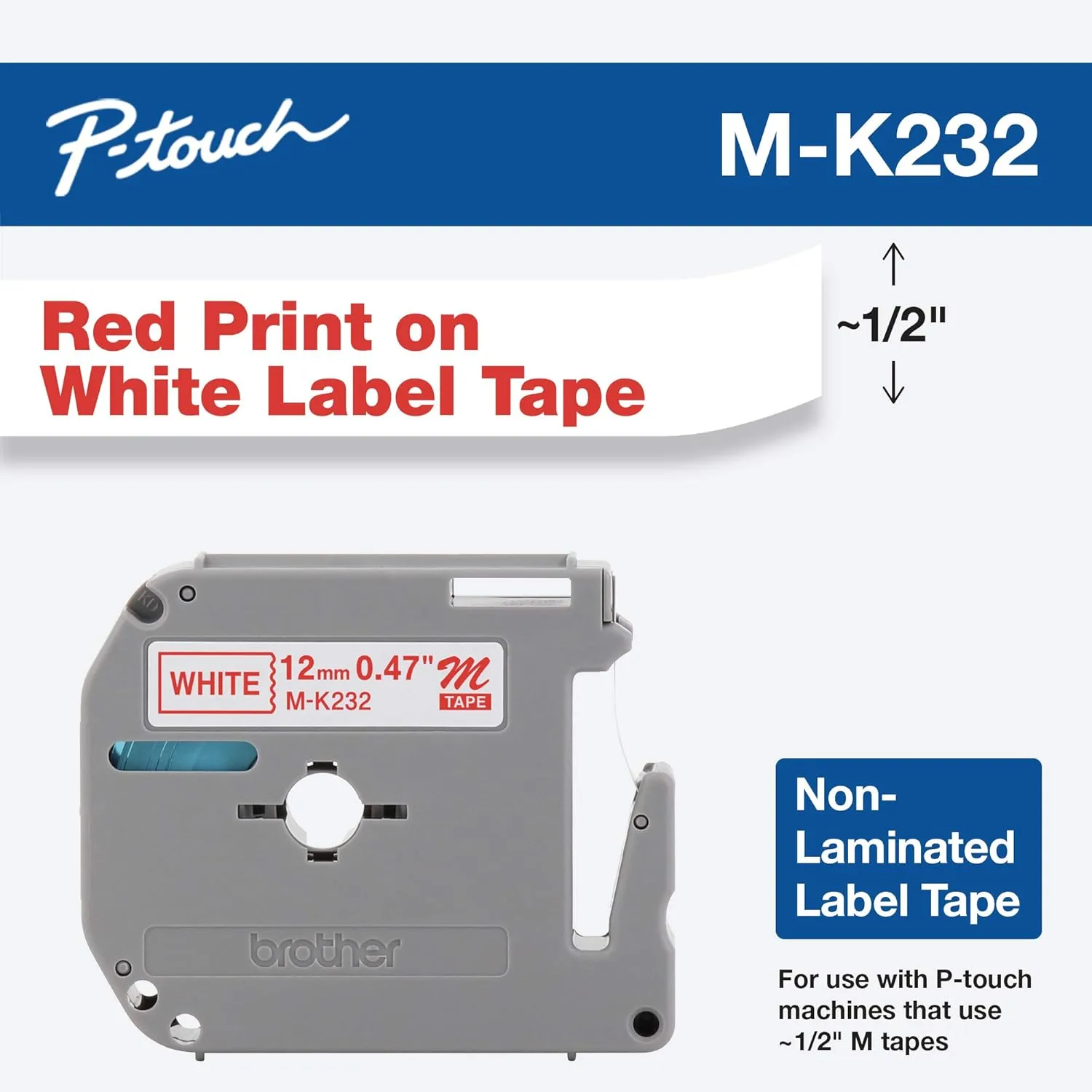 Brother MK-232 1/2in Red-on-White Labeling Tape, 0.5in x 26.2ft (Pack of 2)