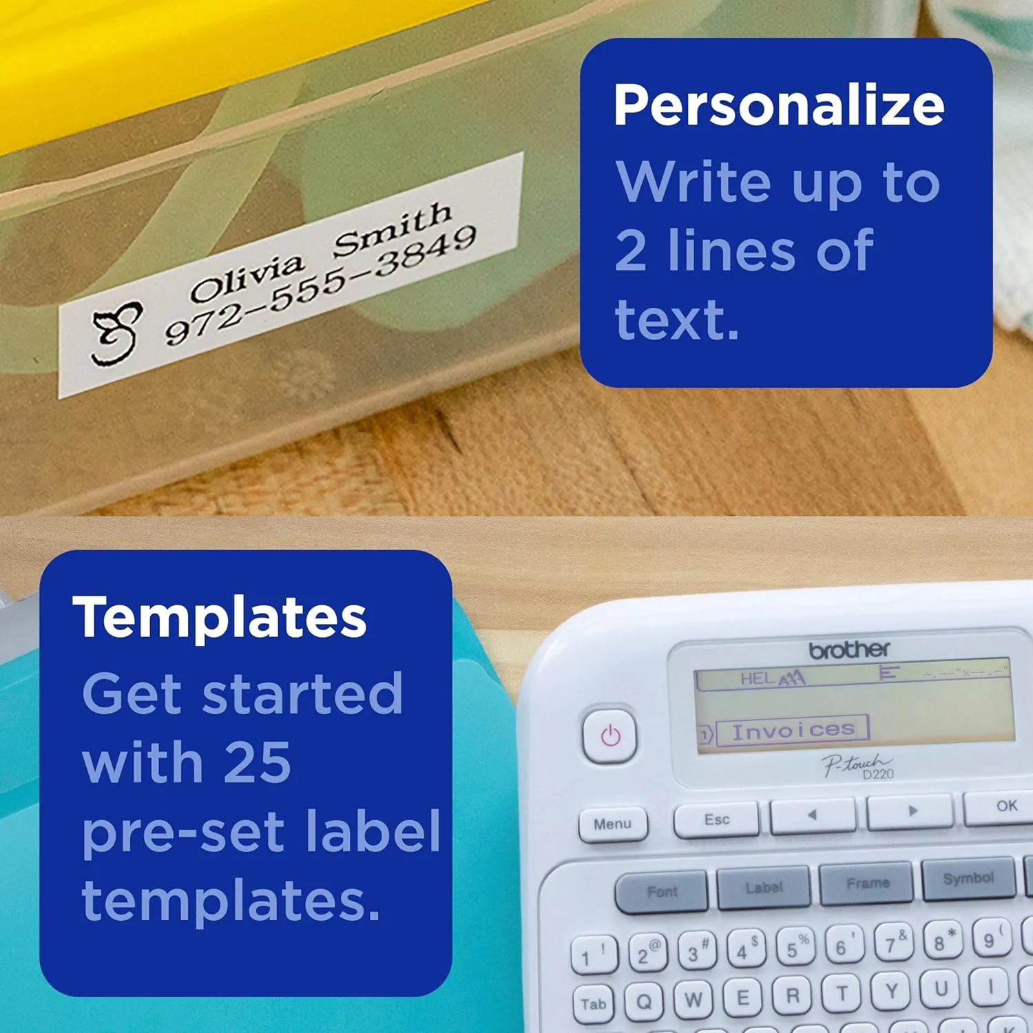 Brother P-touch Label Maker, PTD220, Thermal, Inkless Printer for Home & Office Organization, Portable & Lightweight, QWERTY Keyboard, One-Touch Keys & 25 Pre-set Label Templates Label Memory
