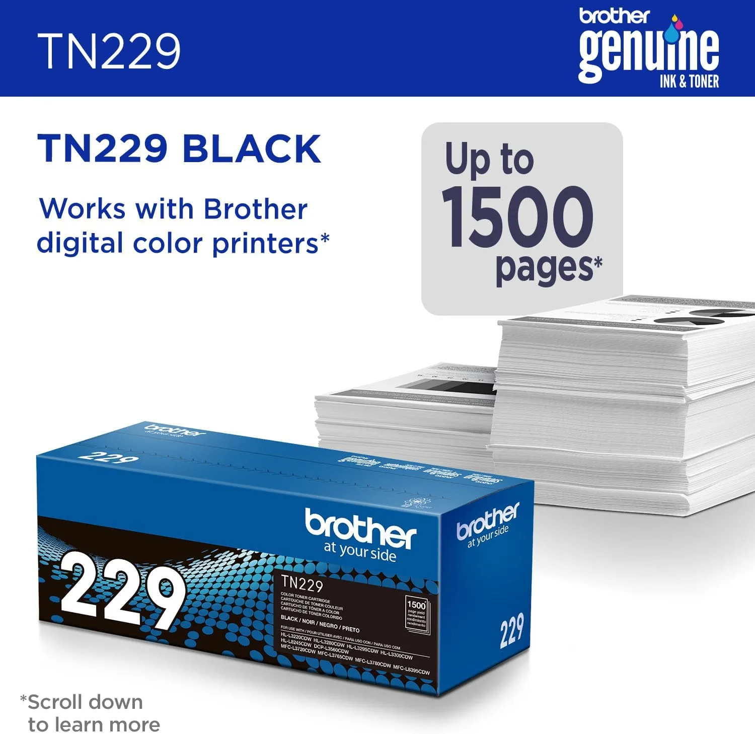 Brother Genuine TN229BK Black Standard Yield Printer Toner Cartridge - Print up to 1,500 Pages(1)