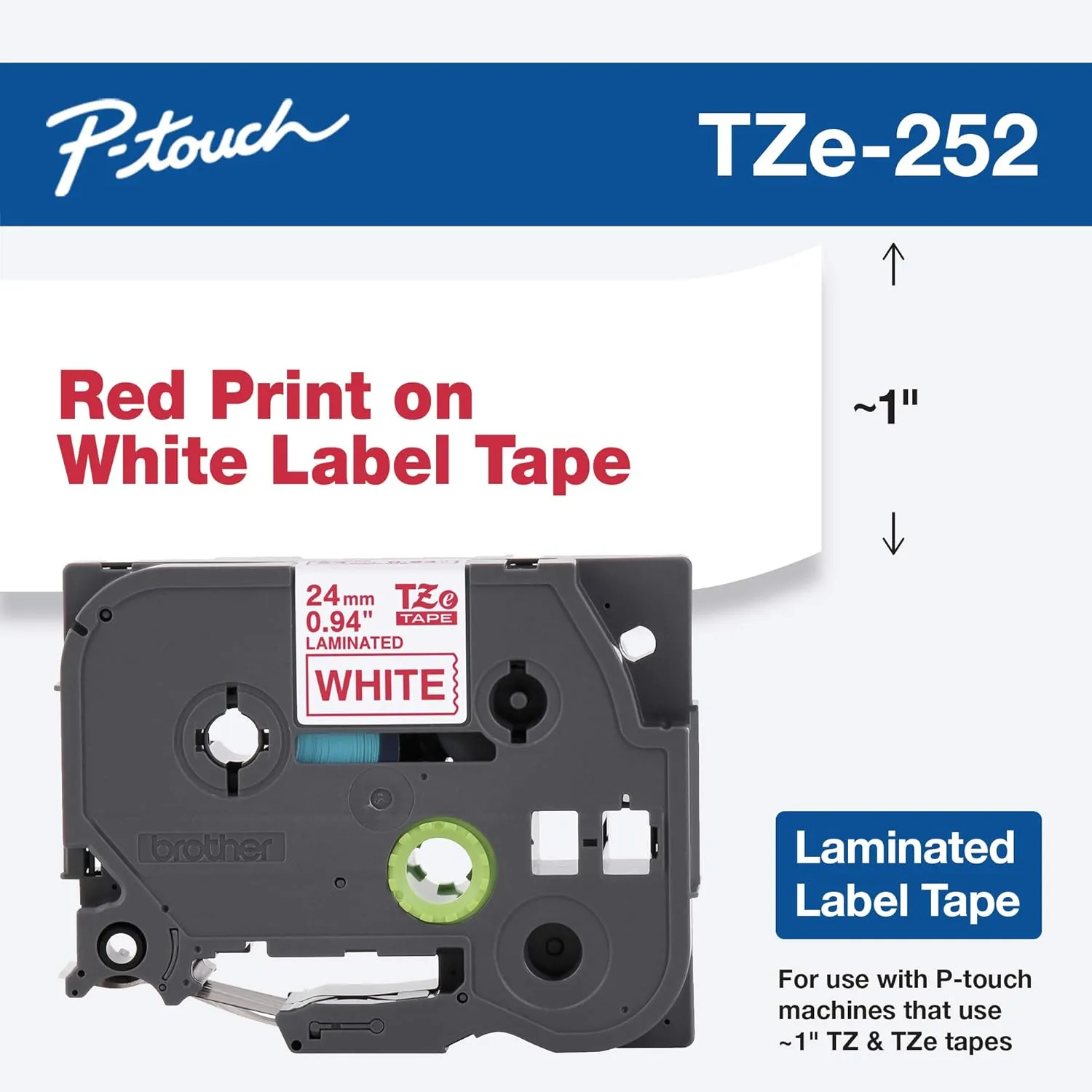 Brother Genuine P-Touch TZe Laminated Label Tape, 1" (24mm) x 26.2ft (8m)