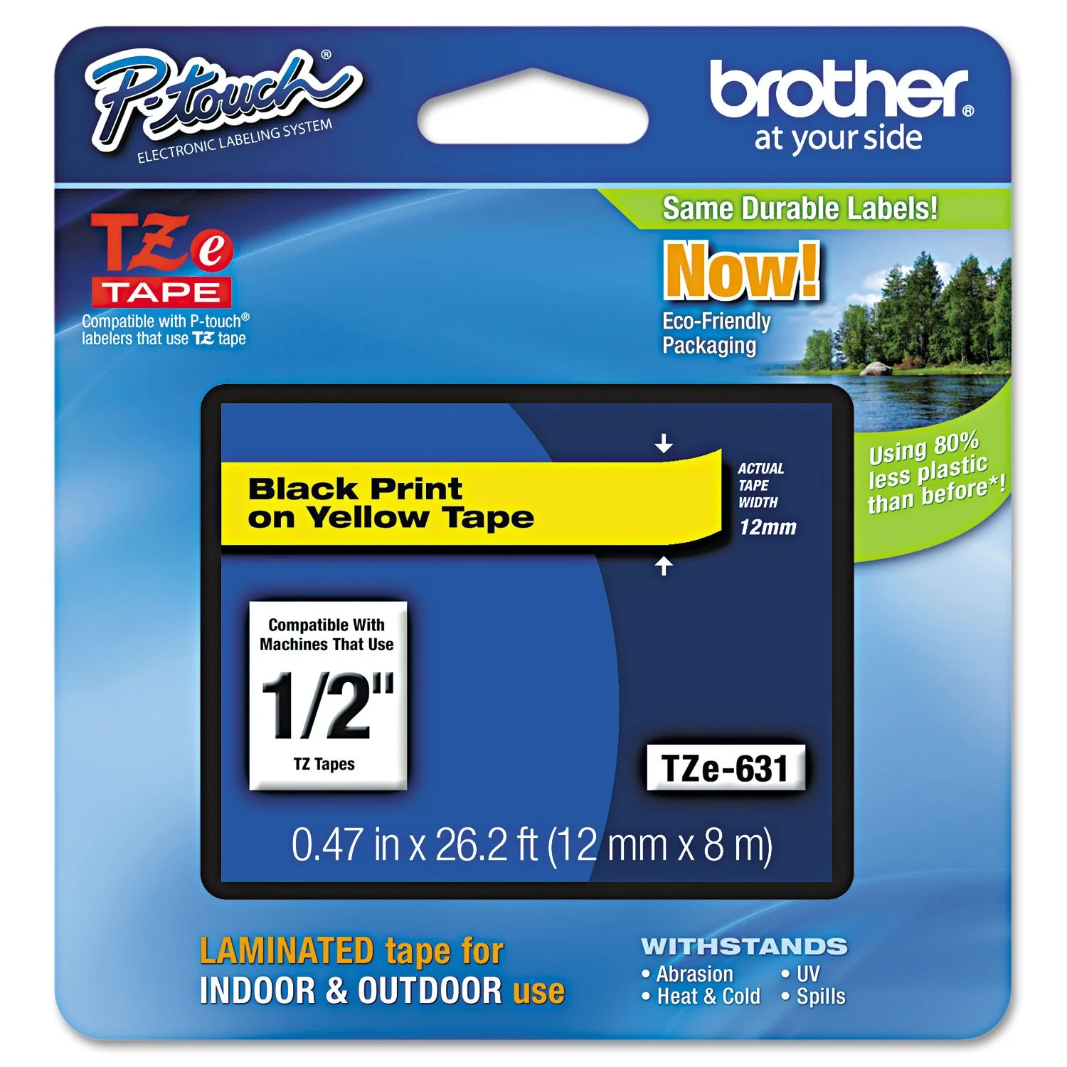 Brother TZe-631 Laminated Label Tape 1/2in Black on Yellow, 26.2ft