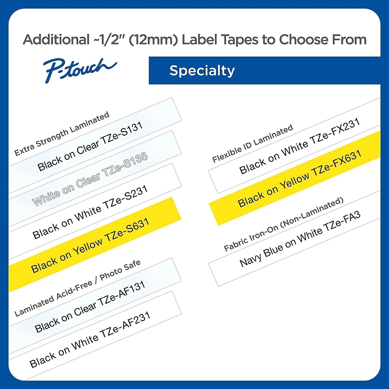 Brother TZe-631 Laminated Label Tape 1/2in Black on Yellow, 26.2ft