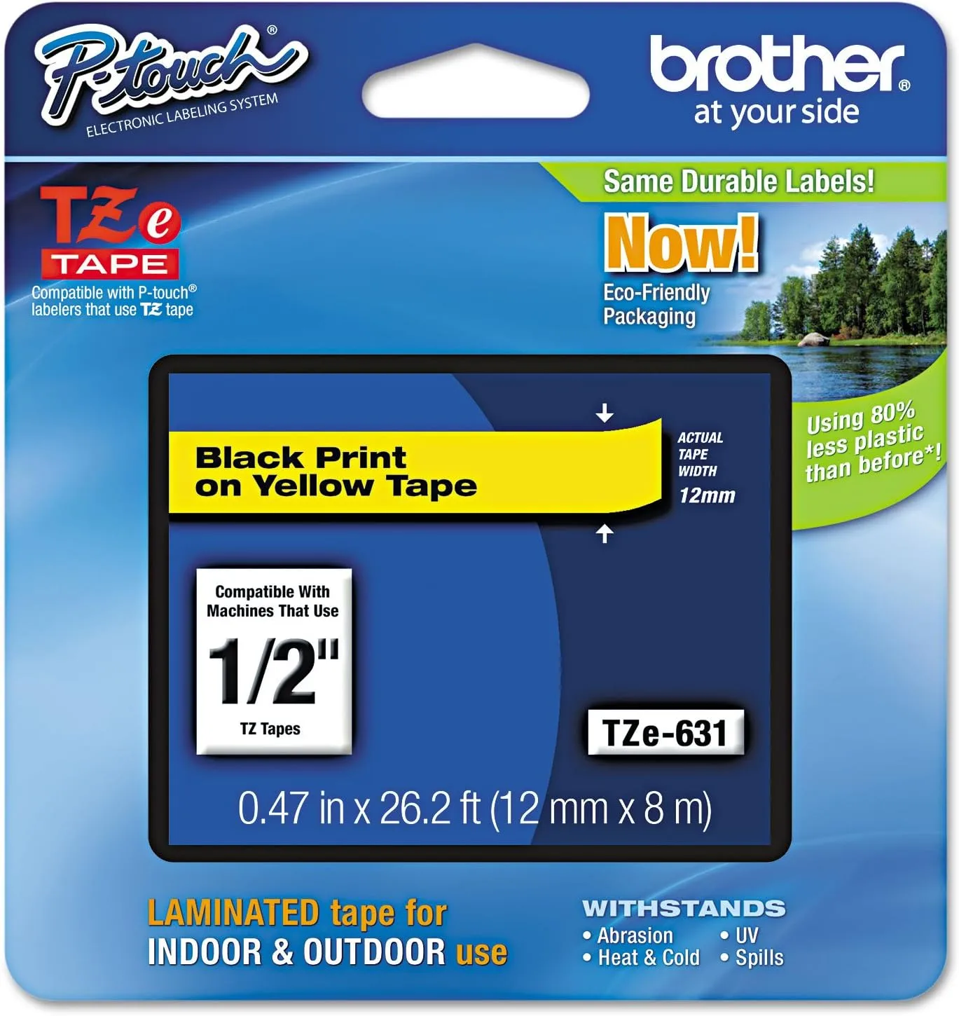 Brother TZe-631 Laminated Label Tape 1/2in Black on Yellow, 26.2ft