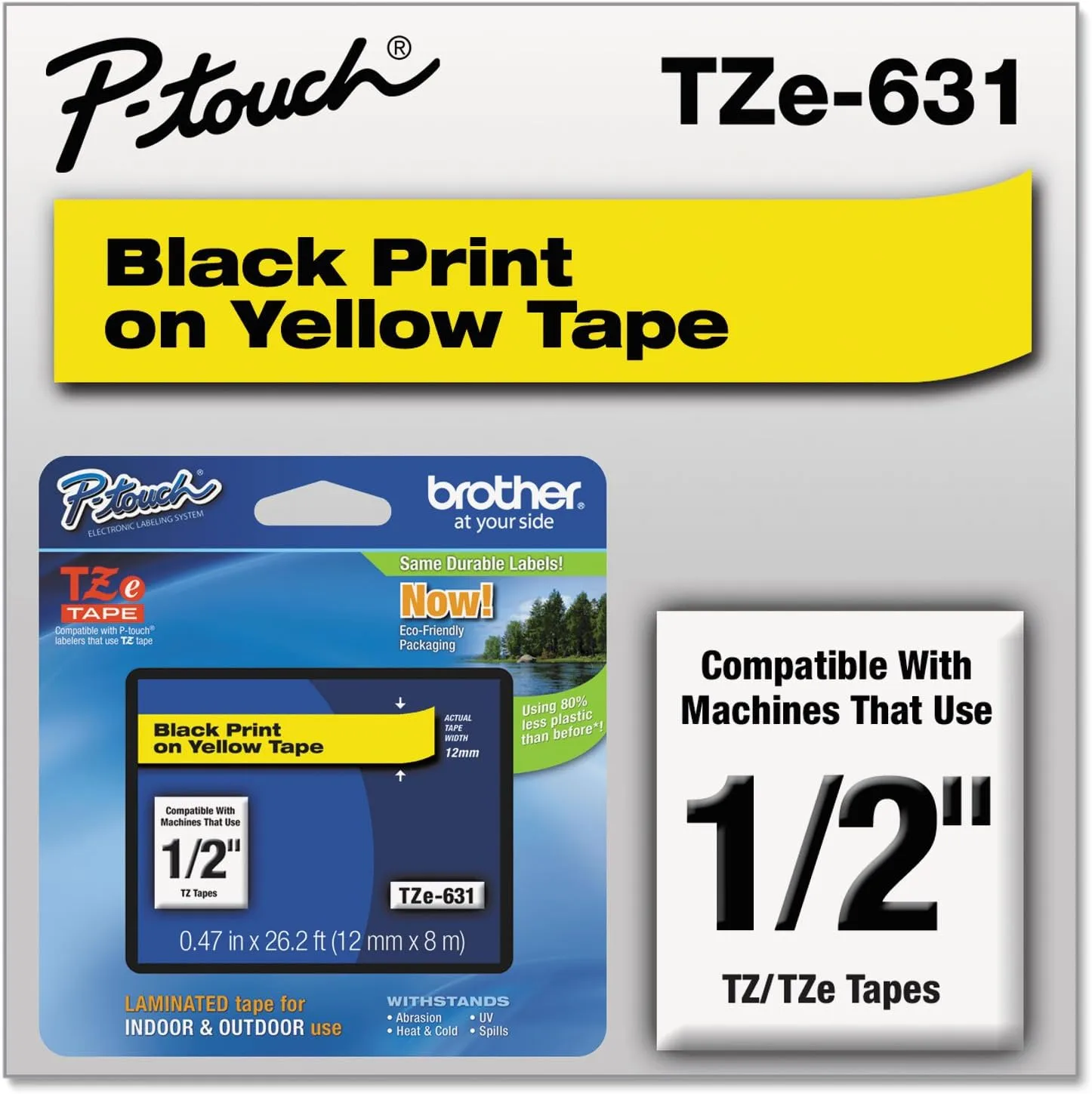 Brother TZe-631 Laminated Label Tape 1/2in Black on Yellow, 26.2ft