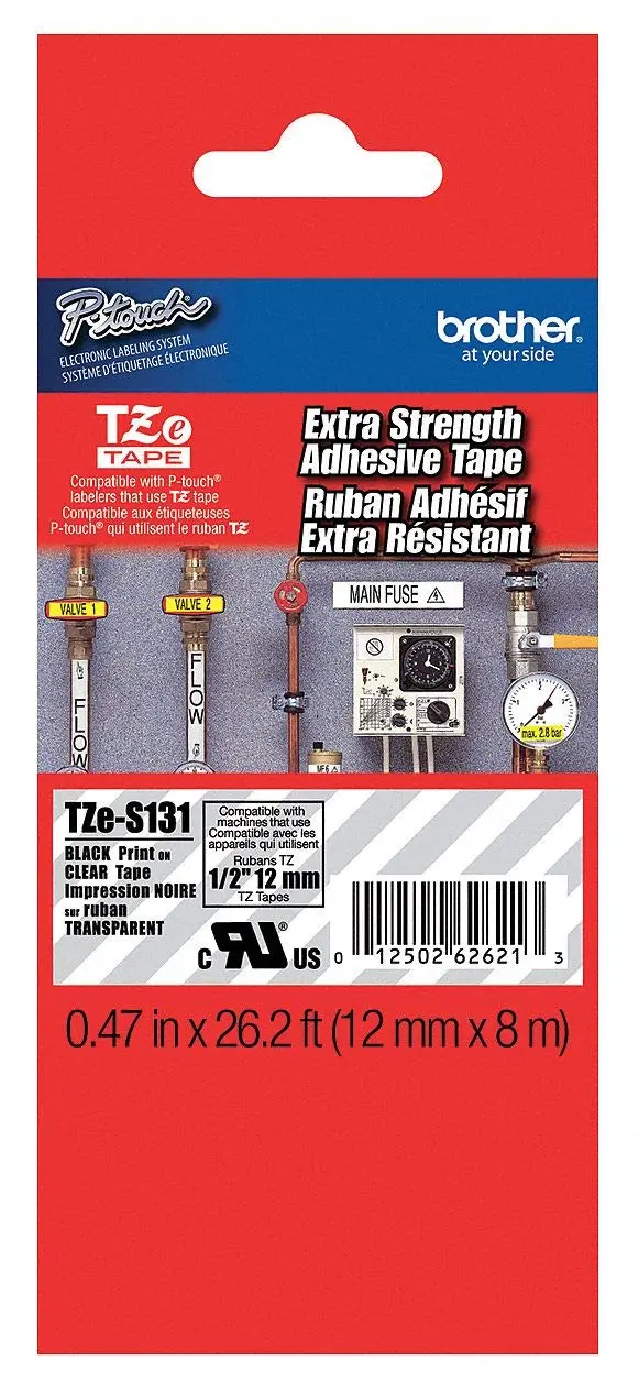 Brother P-touch TZe-S131 Laminated Extra Strength Label Maker Tape, 1/2-inch x 26-2/10', Black on Clear (TZe-S131)