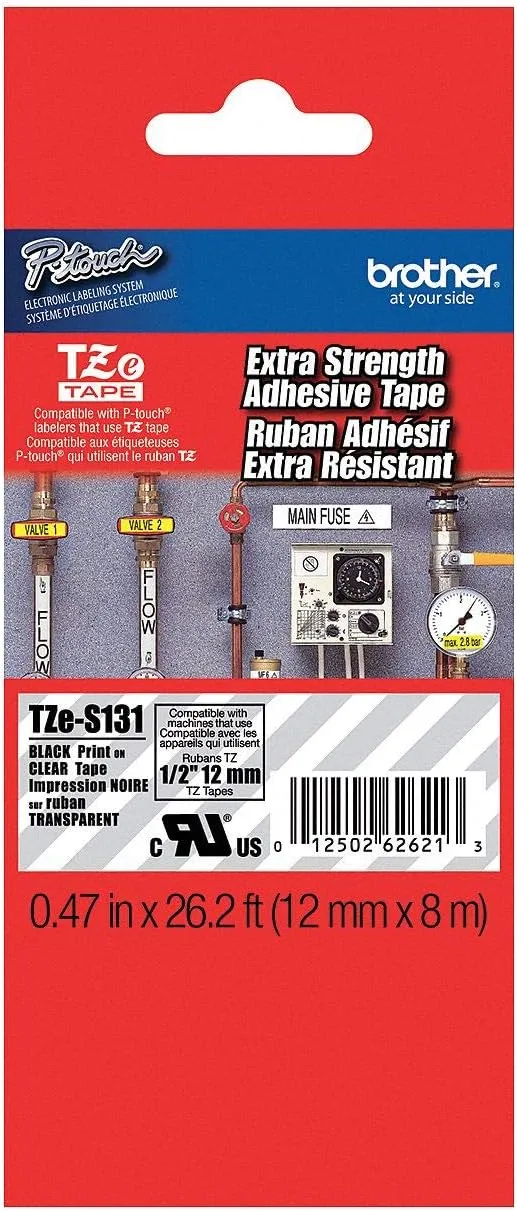 Brother P-touch TZe-S131 Laminated Extra Strength Label Maker Tape, 1/2-inch x 26-2/10', Black on Clear (TZe-S131)