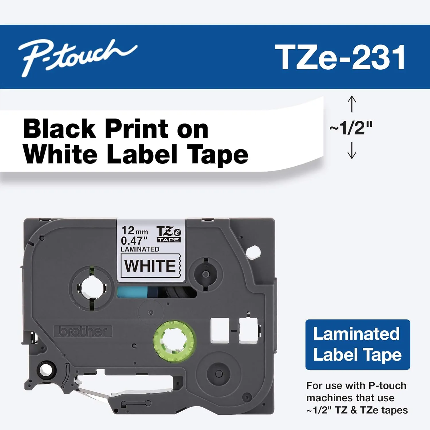 BROTHER Genuine TZe231 Laminated Label Tape 12mm Black on White