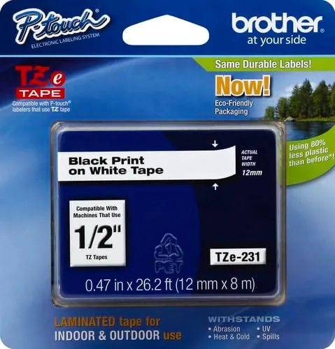 BROTHER Genuine TZe231 Laminated Label Tape 12mm Black on White
