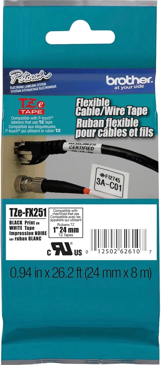 Brother Genuine P-Touch TZe Laminated Label Tape, 1" (24mm) x 26.2ft (8m)