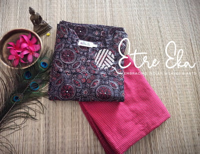 Ajrakh Hand Block Printed Kurti Set with Geometric Prints with Beautiful Hand Mirror Work