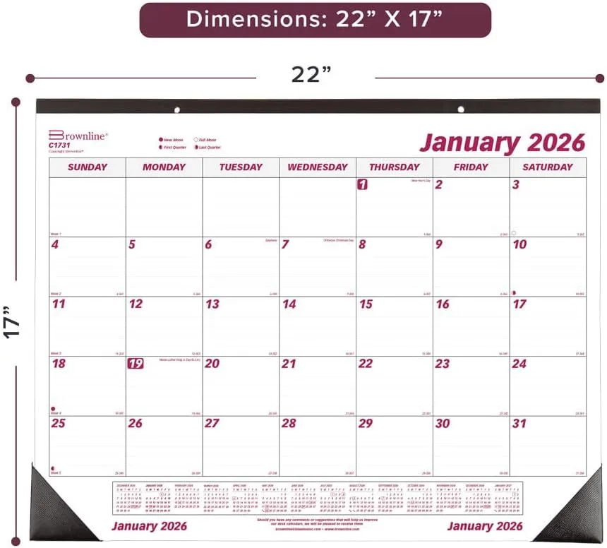 Brownline® 2026 Monthly Desk Pad Calendar, 12 Months, January to December, 22" x 17" (C1731-26)