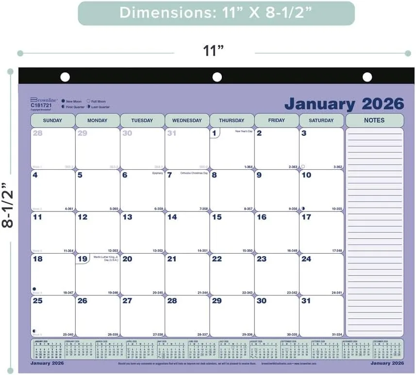 Brownline® 2026 Monthly Desk Pad Calendar, 12 Months, January to December, Three-Hole Punched, 11" x 8.5" (C181721-26)