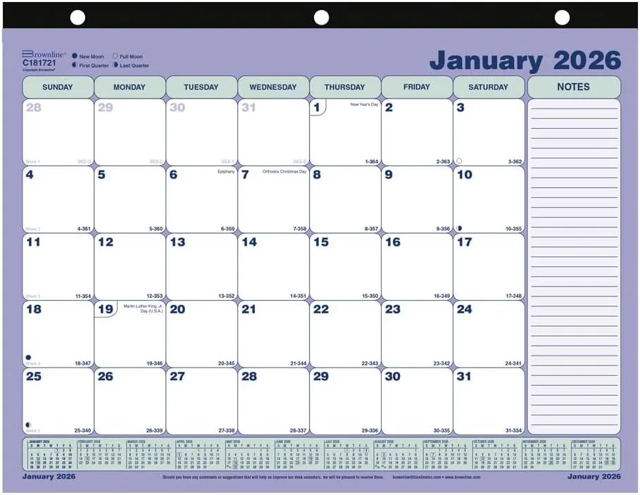 Brownline® 2026 Monthly Desk Pad Calendar, 12 Months, January to December, Three-Hole Punched, 11" x 8.5" (C181721-26)