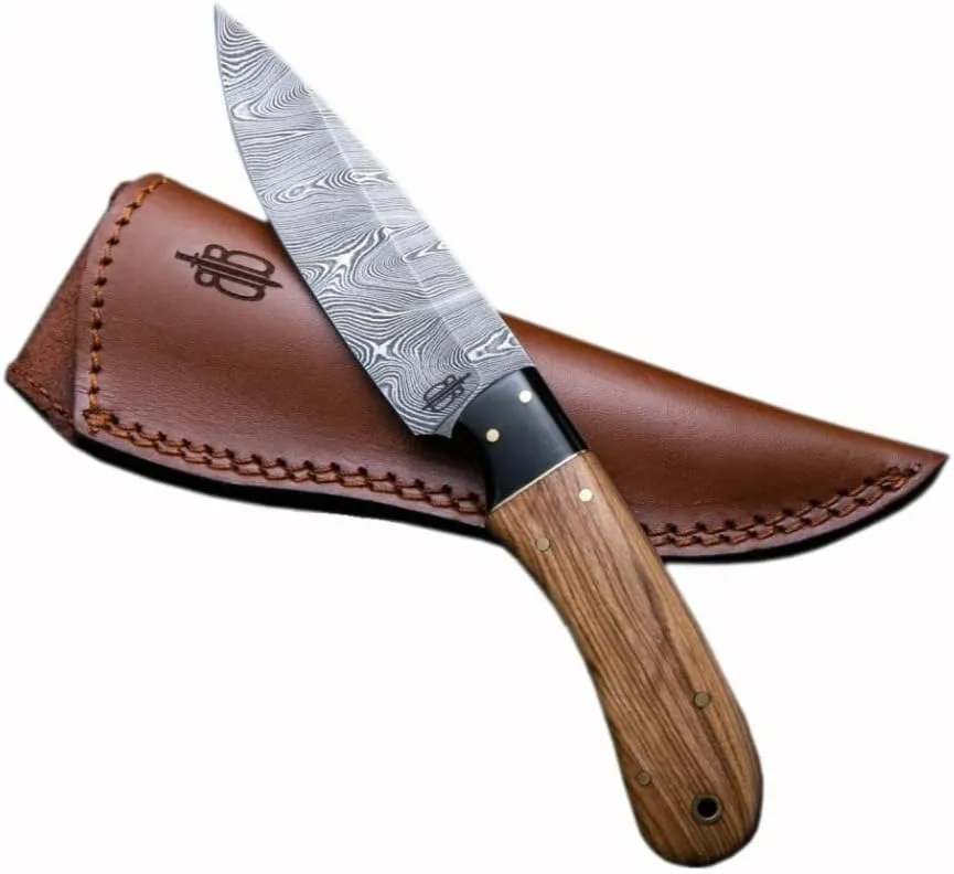 BucknBear Custom Handmade Fixed Blade Damascus Hunting Knife with Leather Sheath