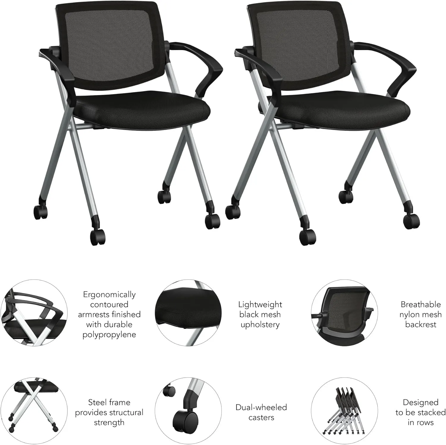 Bush Business Furniture Folding Chairs with Arms - Set of 2, Commercial-Grade Guest Mesh Back Seating for Office, Banquet