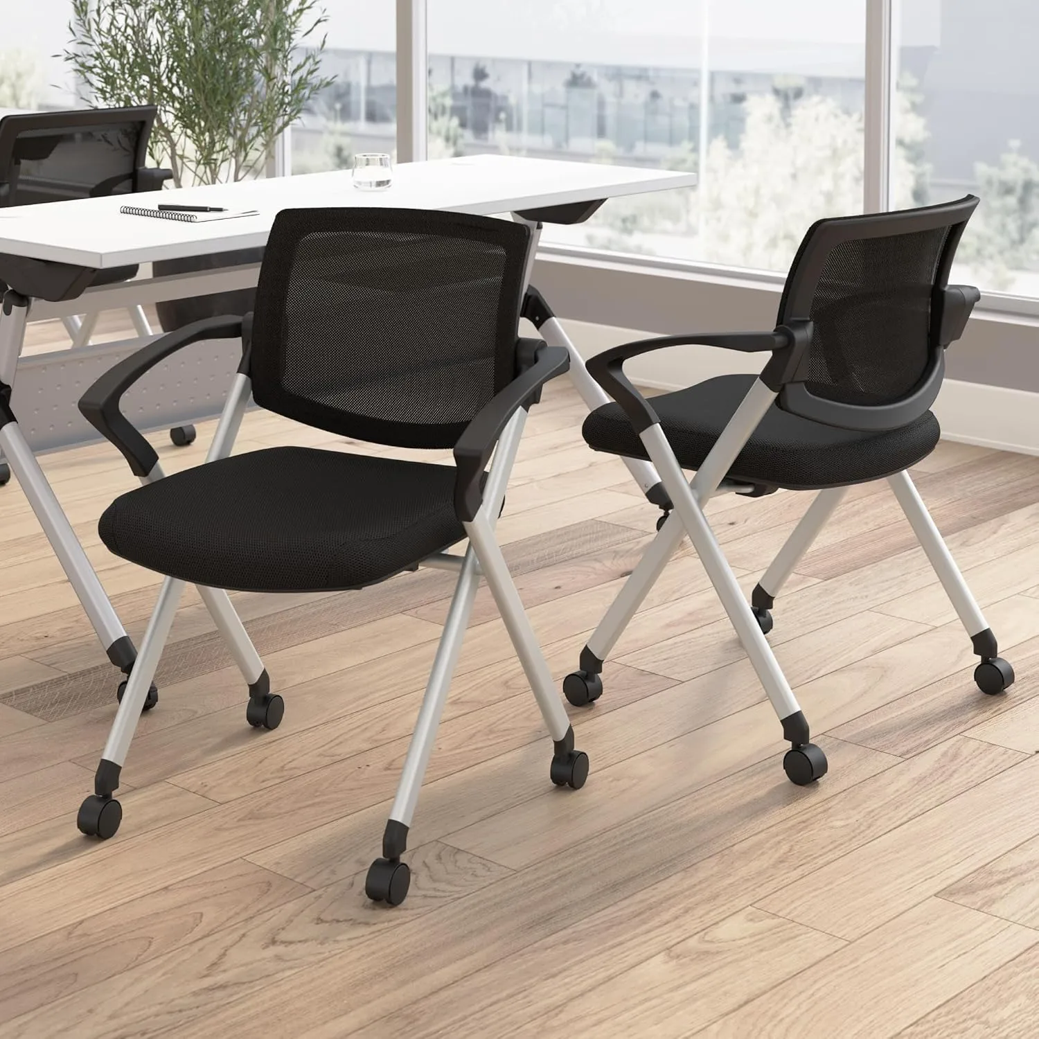 Bush Business Furniture Folding Chairs with Arms - Set of 2, Commercial-Grade Guest Mesh Back Seating for Office, Banquet