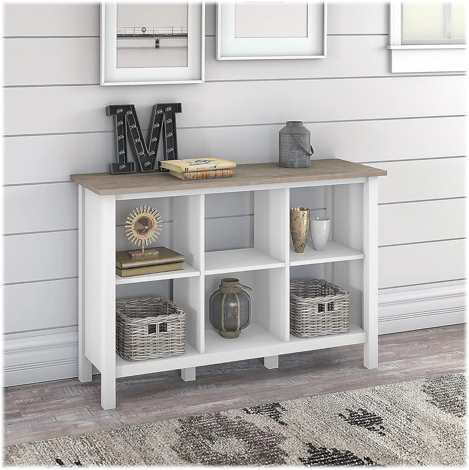 Bush Furniture Mayfield 6 Cube Bookcase in Pure White and Shiplap Gray | Storage for Home Office Workspace Shiplap Gray/Pure