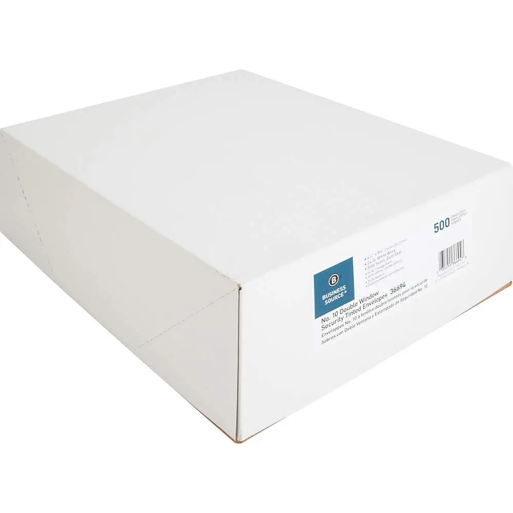 Business Source #10 Envelopes with Security Tint, Double Windows, 9.5" x 4.125", White, 500 Count