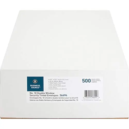 Business Source #10 Envelopes with Security Tint, Double Windows, 9.5" x 4.125", White, 500 Count