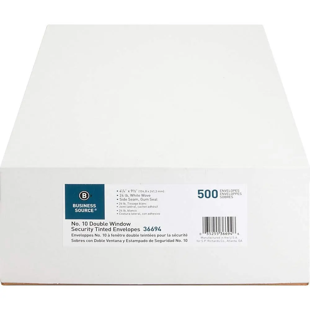 Business Source #10 Envelopes with Security Tint, Double Windows, 9.5" x 4.125", White, 500 Count