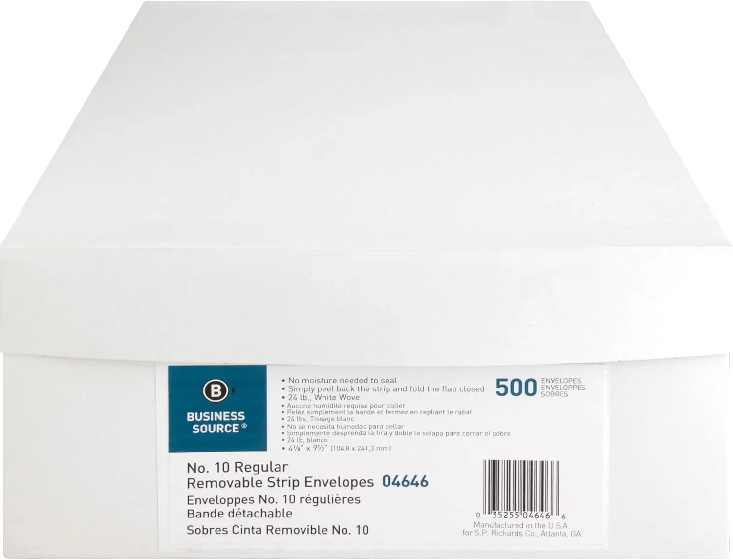 Business Source Plain Peel/Seal Business Envelopes - #10 - 9 1/2" x 4 1/8" - 24 lb - 500/Box - White