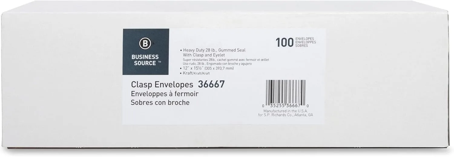 Business Source 36667 Clasp Envelopes, 28 lb., 12 x 15.5 in, 100/Box